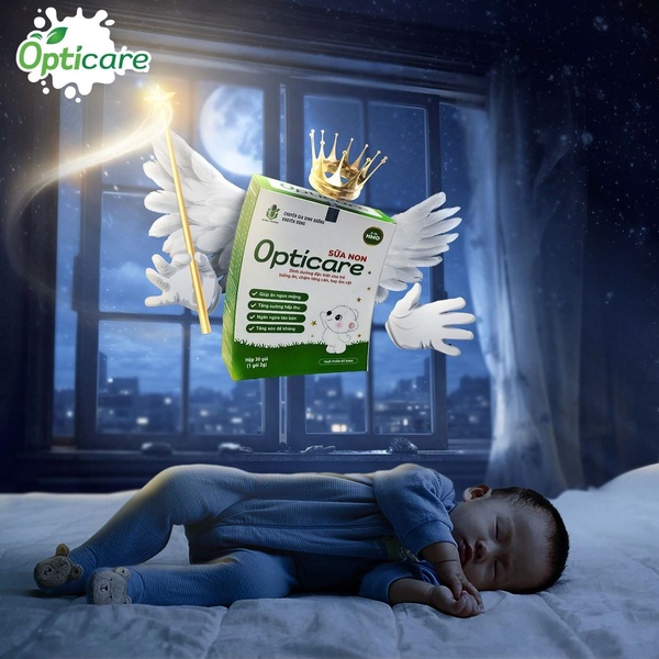 A creative visual showing a box of Opticare colostrum powder as a guardian angel over a sleeping child, symbolizing nighttime health and protection.